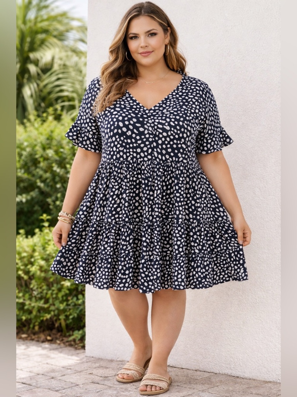 Plus Size Navy and White Polka Tiered V-Neck Dress